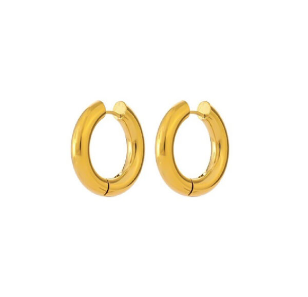 High-resolution image of Bold Hoop Earrings - gold - Introducing our "Bold Hoop Earrings" – a stunning statement piece that exudes confidence and style. Details: Steel with 18k gold plating Snap click fastener